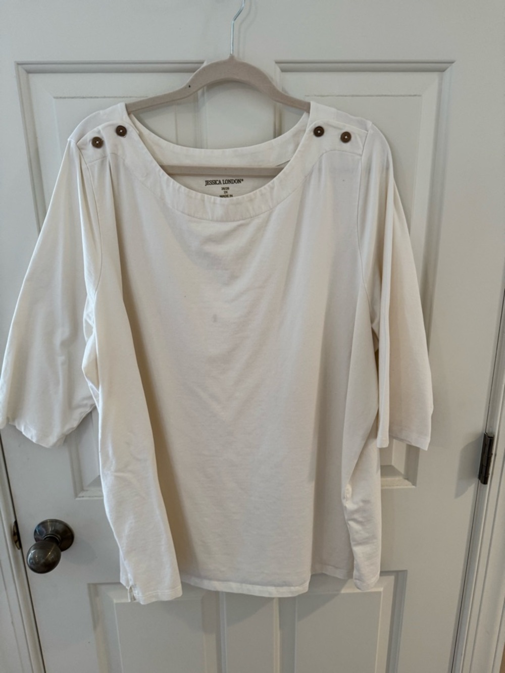 Jessica London Cream Boatneck Short-Sleeve Top with Shoulder Buttons